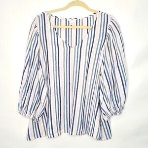 Caslon Linen Blend Striped Puff Sleeve Top Size XL V-Neck Popover Casual Coastal